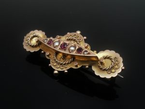 Antique 9ct Gold Brooch with Rubies & Seed Pearls