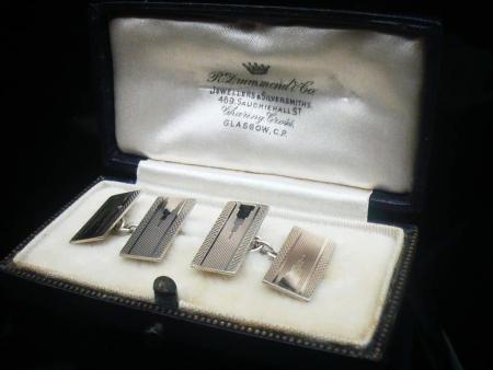 Art Deco Cufflinks in Case, 9ct Gold on Sterling Silver, Vintage c.1930's