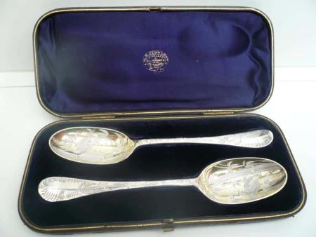Pair Of Heavily Decorated Silver Serving Spoons 1744 Marmaduke Daintrey REF:25V