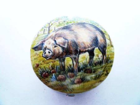 Silver Enamel Pill Box, Sterling, Pig Decorated, Hallmarked 2003, REF:132F