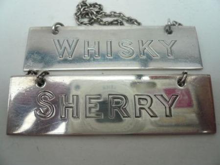 Pair Art Deco Solid Sterling Silver Decanter Labels SHERRY WHISKY 1935 Hukin & Heath Ltd REF:62L