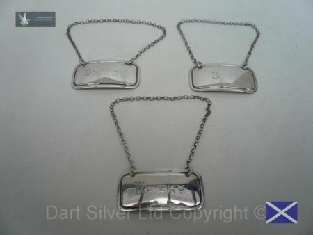 3 Vintage Sterling Silver Decanter Labels Hallmarked 1925 Gin,Brandy,Whisky Atkin Brothers REF:151T
