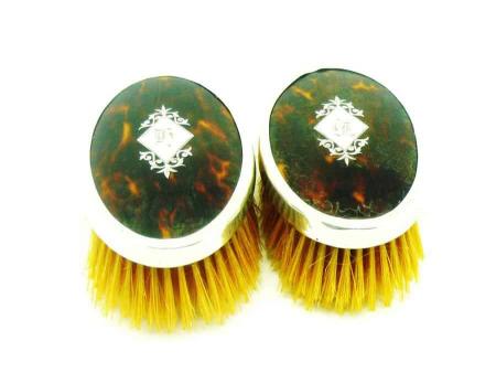 Pair Sterling Silver Tortoiseshell Hair Clothes Brushes, English, Cased, Hallmarked 1930, REF:244G