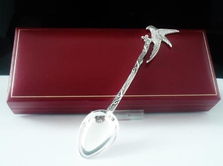 New Cased Scottish Sterling Silver Parrot Christening Spoon, King Charles Mark